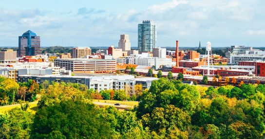 Photo Credit: Drone. Durham downtown skyline.